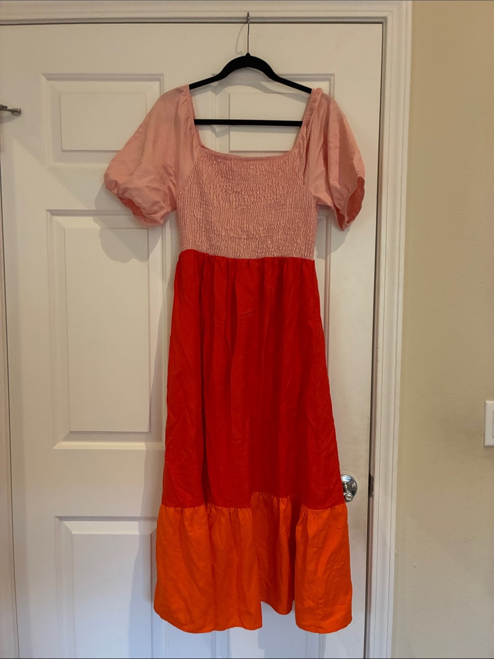 Women’s ' Pink and Red Colorblock Puff-Sleeve Dress